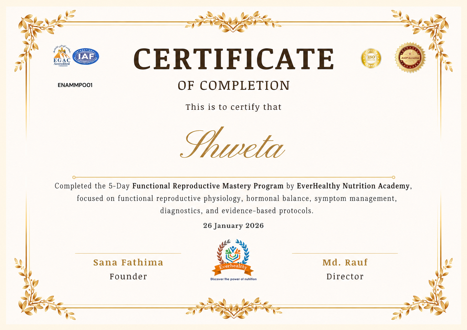 Certificate awarded on completion of the Professional Certification in Functional Nutrition and Clinical Health Sciences
